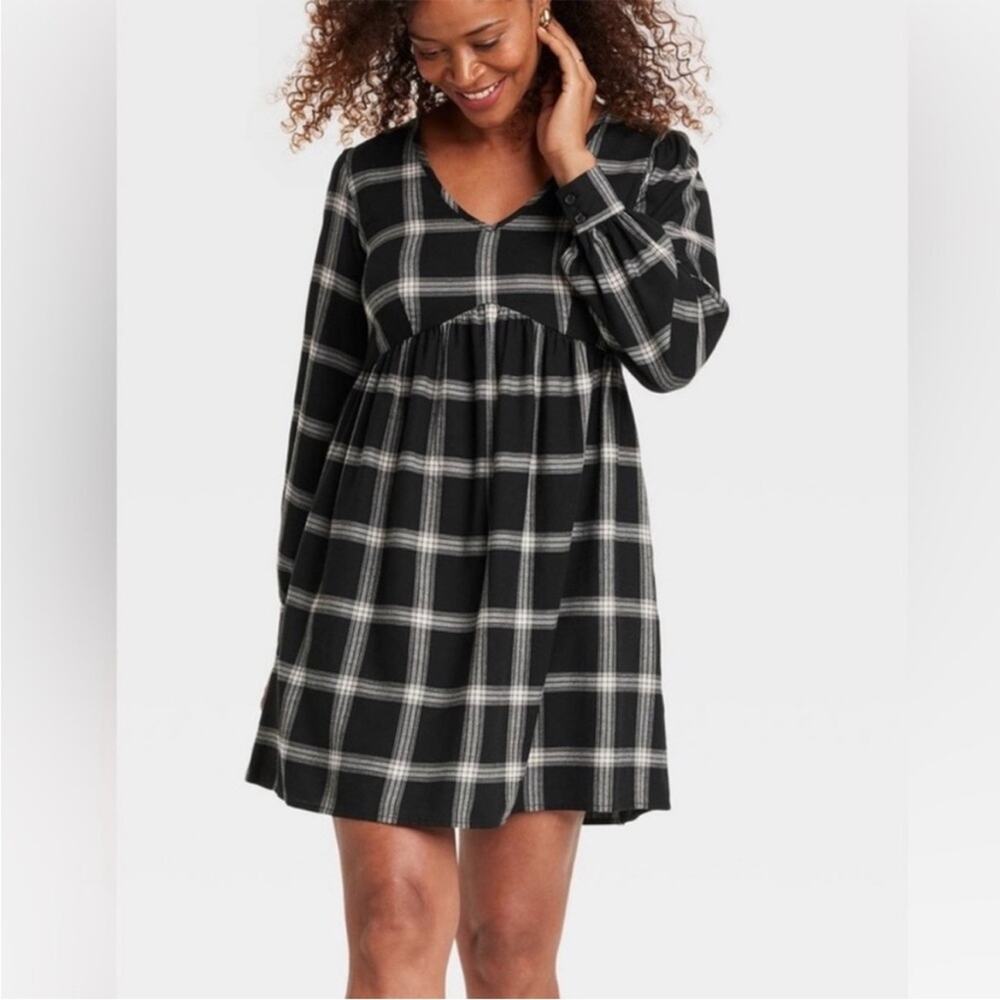 Knox Rose Woman’s Size XS Black Plaid Dress Mini Boho Pockets NWT